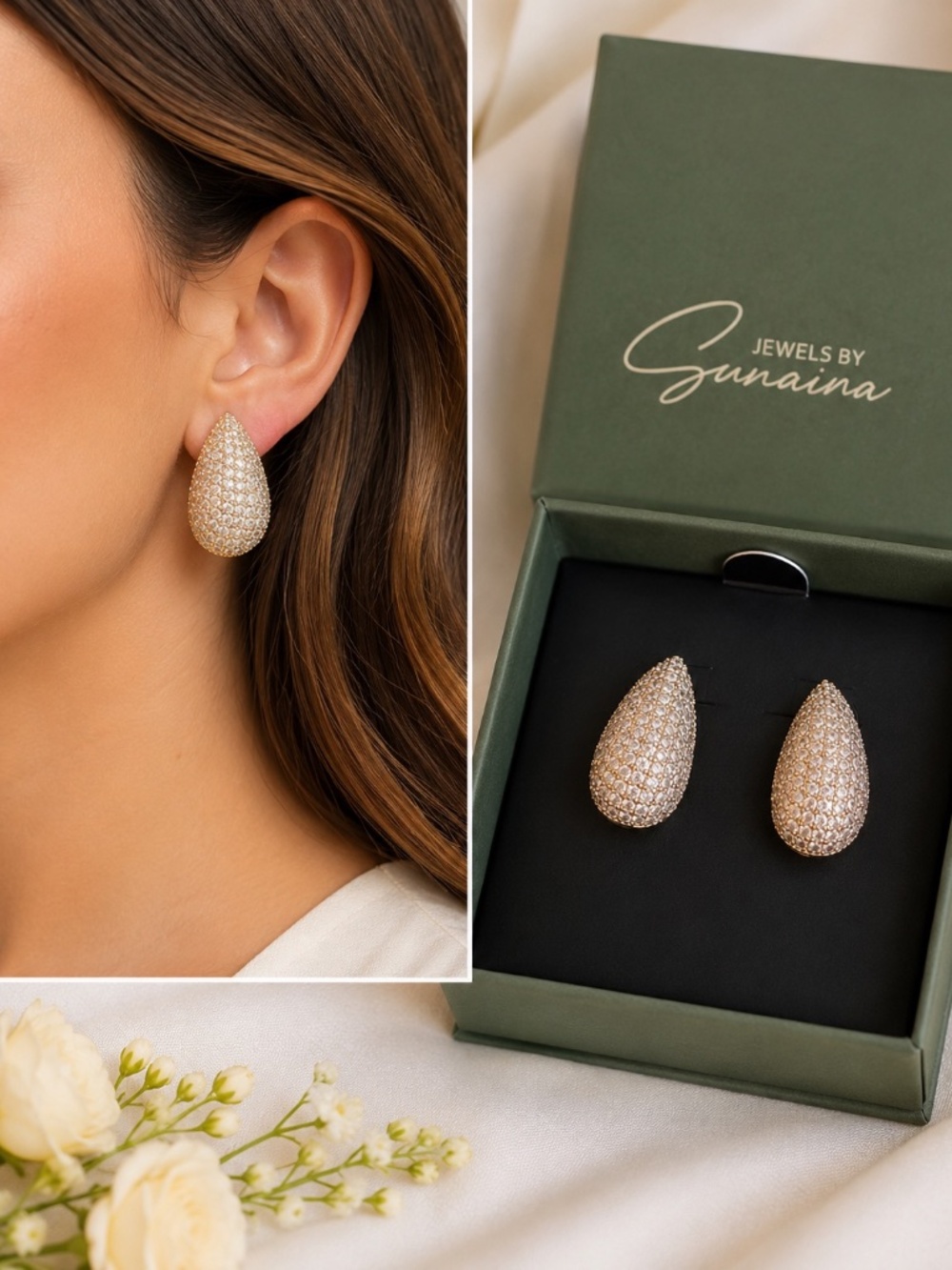 Jewels by Sunaina Gold Pavé Teardrop Statement Stud Earrings